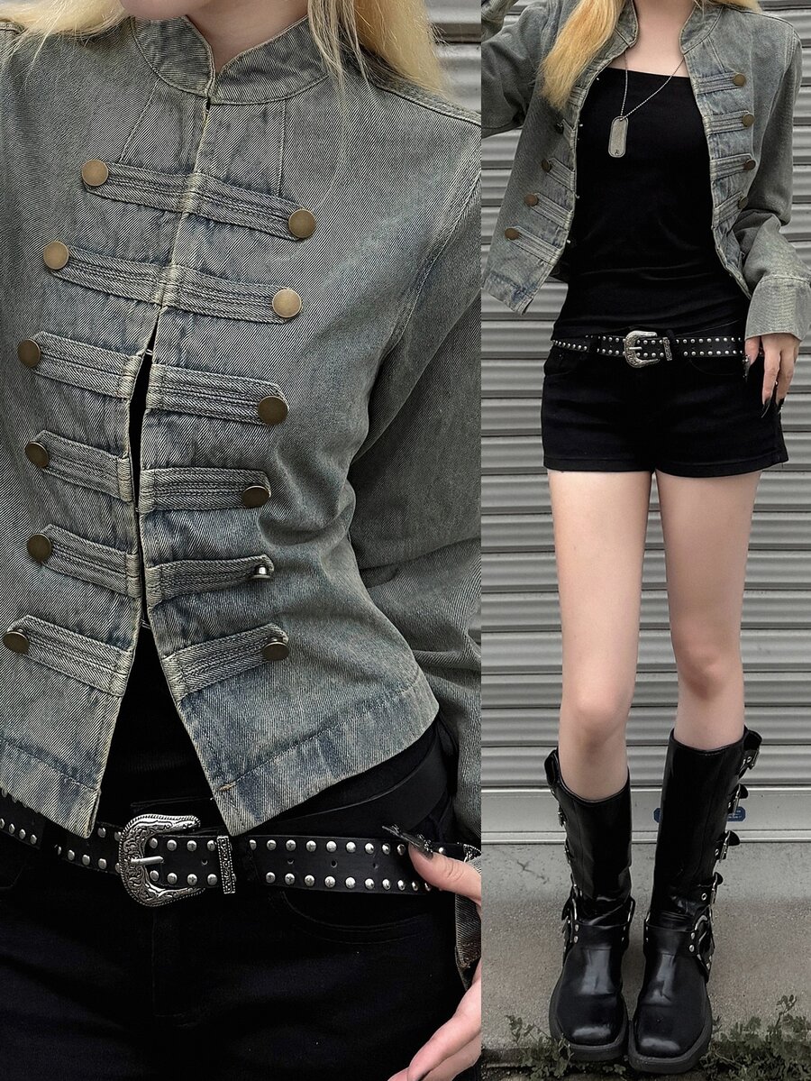 FRIFUL Women's Long Sleeve Button Design Casual Napoleon Denim Jacket - Blue - View 1