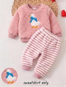 SHEIN Baby Girl Cute Pink Plush Pullover Autumn Winter Sweatshirt With Cartoon 3D Animal Embroidery Pattern - Pink - View 1