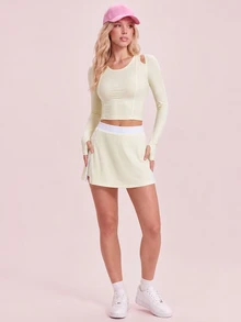 SHEIN Sovereign Charm طقم رياضي نسائي من تي شيرت قصير وتصميم مفرغ بلون موحد مع تنورة قصيرة - أصفر فاتح - مشاهدة 7