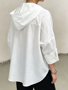 Easura 大尺碼女款秋冬連帽寬鬆摺袖休閒日常通勤襯衫 - 白色 - 查看 4