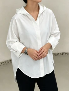Easura 大尺碼女款秋冬連帽寬鬆摺袖休閒日常通勤襯衫 - 白色 - 查看 1