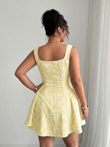 Elenzga Plus Size Women Casual Elegant Square Neck Dress - Yellow - View 2