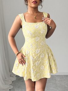 Elenzga Plus Size Women Casual Elegant Square Neck Dress - Yellow - View 3