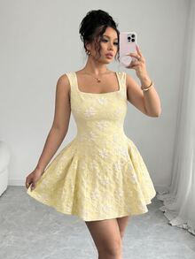 Elenzga Plus Size Women Casual Elegant Square Neck Dress - Yellow - View 4