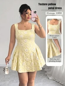 Elenzga Plus Size Women Casual Elegant Square Neck Dress - Yellow - View 1