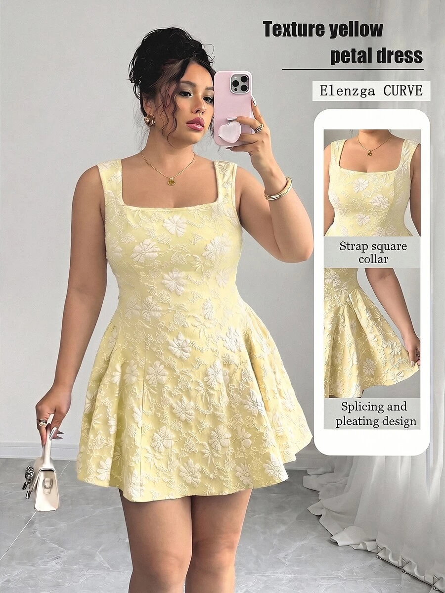 Elenzga Plus Size Women Casual Elegant Square Neck Dress - Yellow - View 1