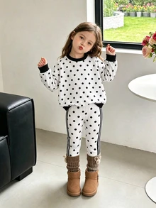 Genkimix Kids 女童休閒嬰兒日常生日幼兒園托兒所黑白波點印花對比滾邊圓領羅紋袖口長袖上衣褲套裝冬季 - 白色 - 查看 6