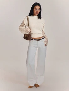 SHEIN PETITE Women's Contrast Lace Long Sleeve 2 In 1 Elegant Fashion Sweater - Apricot - View 8