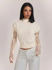 SHEIN PETITE Women's Contrast Lace Long Sleeve 2 In 1 Elegant Fashion Sweater - Apricot - View 3