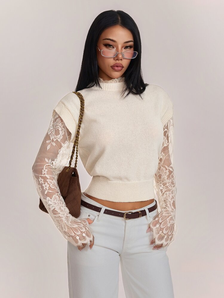 SHEIN PETITE 女款對比蕾絲長袖 2 合 1 優雅時尚針織衫 - 杏色 - 查看 9