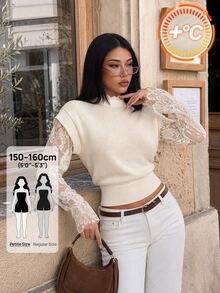 SHEIN PETITE Women's Contrast Lace Long Sleeve 2 In 1 Elegant Fashion Sweater - Apricot - View 1