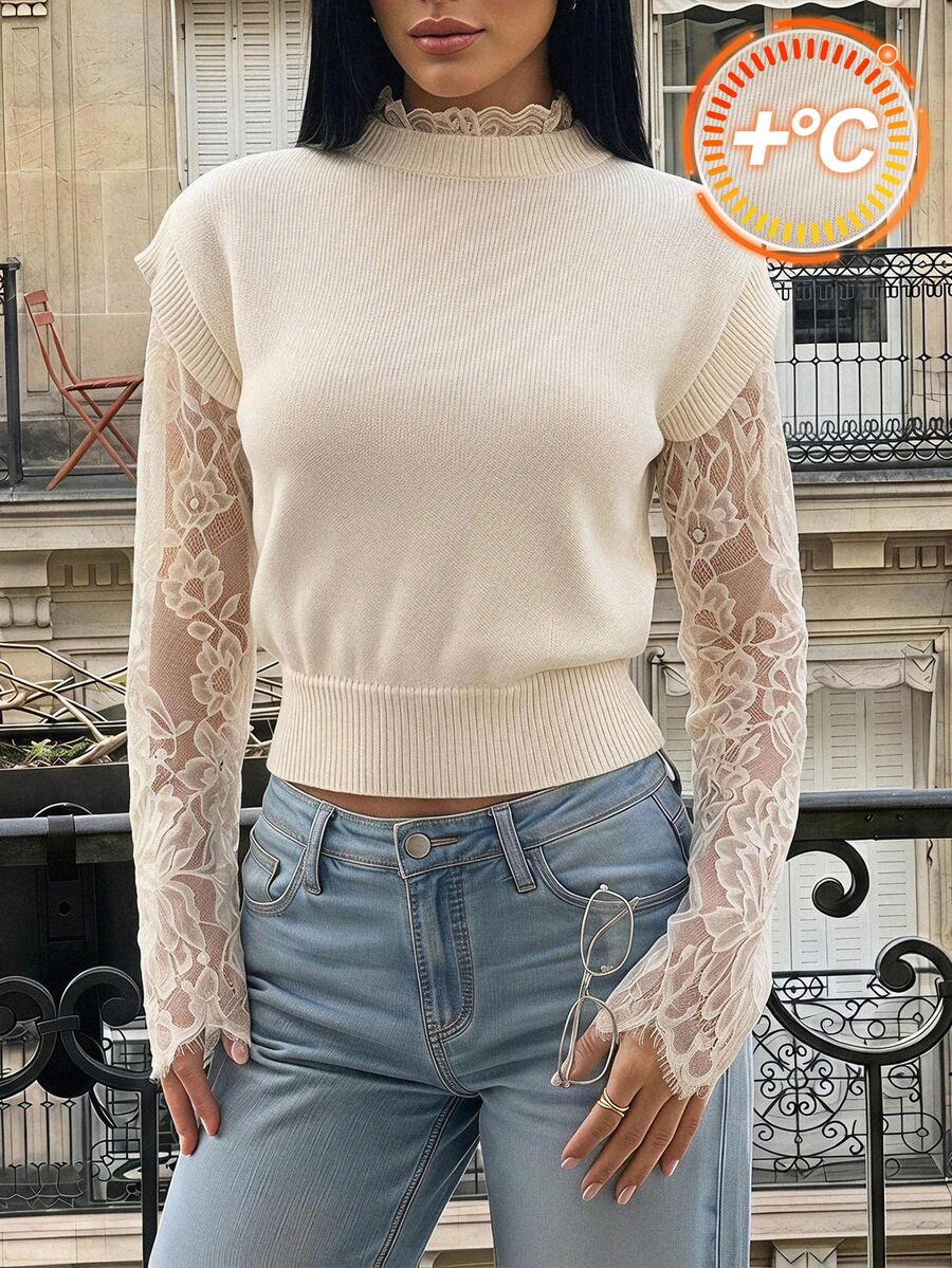 SHEIN PETITE 女款對比蕾絲長袖 2 合 1 優雅時尚針織衫 - 杏色 - 查看 1
