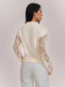 SHEIN PETITE Women's Contrast Lace Long Sleeve 2 In 1 Elegant Fashion Sweater - Apricot - View 2
