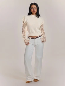 SHEIN PETITE Women's Contrast Lace Long Sleeve 2 In 1 Elegant Fashion Sweater - Apricot - View 7