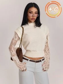 SHEIN PETITE Women's Contrast Lace Long Sleeve 2 In 1 Elegant Fashion Sweater - Apricot - View 4