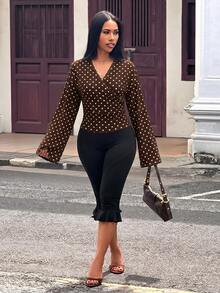 Slaydiva Women's Polka Dot Print Overlap V-Neck Long Sleeve Fitted T-Shirt - Multicolor - View 7