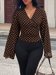 Slaydiva Women's Polka Dot Print Overlap V-Neck Long Sleeve Fitted T-Shirt - Multicolor - View 3