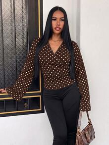 Slaydiva Women's Polka Dot Print Overlap V-Neck Long Sleeve Fitted T-Shirt - Multicolor - View 6