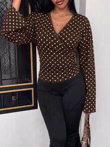 Slaydiva Women's Polka Dot Print Overlap V-Neck Long Sleeve Fitted T-Shirt - Multicolor - View 5