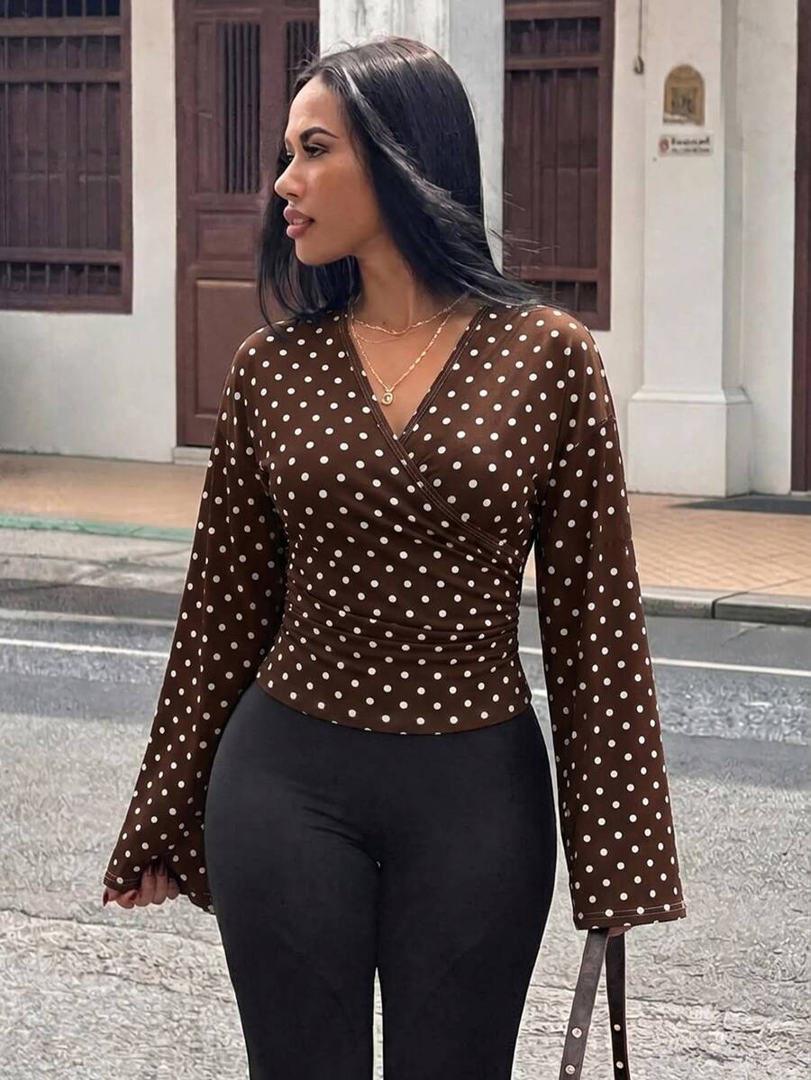 Slaydiva Women's Polka Dot Print Overlap V-Neck Long Sleeve Fitted T-Shirt - Multicolor - View 1
