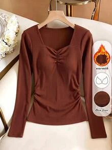 Rusticease Fall Winter 2026 Women Solid Color Pleated Casual Daily Formal Mother Of The Groom T-Shirt Brown Long Sleeve Thermal Top With Built-In Bra Pads - Rust Brown - View 4