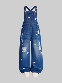 SHEIN 女童牛仔吊帶褲與連身褲，復古懷舊風，粉色愛心刺繡，四季皆宜藍色水洗破洞牛仔直筒褲，可調節肩帶，休閒度假穿搭，簡約設計，做舊牛仔色，Y2K學院風街頭穿搭，可愛復古，側腰鏤空設計 - 中等水洗藍 - 查看 8