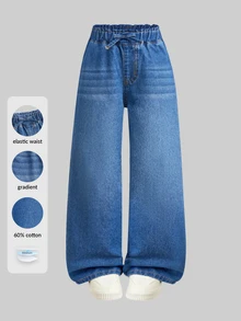 SHEIN 女童新款休閒時尚簡約百搭四季高腰寬腿牛仔長褲，花苞細節、鬆弛版型、蝴蝶結裝飾，適合秋季返校日常穿著 - 中等水洗藍 - 查看 3