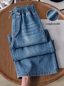 SHEIN 女童新款休閒時尚簡約百搭四季高腰寬腿牛仔長褲，花苞細節、鬆弛版型、蝴蝶結裝飾，適合秋季返校日常穿著 - 中等水洗藍 - 查看 1