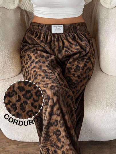 Comfortcana Plus Size Women's Autumn/Winter Khaki Leopard Print Corduroy High Waist Loose Wide Leg Pants With Pockets And Patch Design, Suitable For Campus, Daily, Indoor And Work Wear