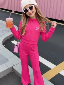 SHEIN 女童針織純色蝴蝶結圖案立領休閒夾克與修身喇叭長褲兩件套 - 彩色 - 查看 2