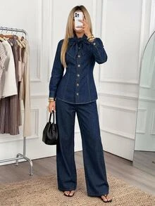 Easowa Women's Fashion Street Button Bow Tie Lace-Up Denim Top - Dark Wash - View 3