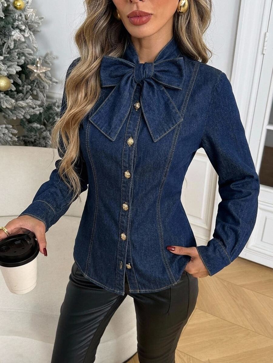 Easowa Women's Fashion Street Button Bow Tie Lace-Up Denim Top - Dark Wash - View 1