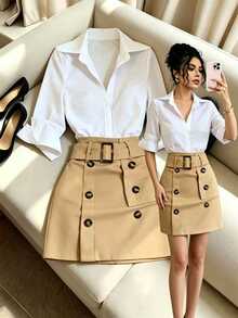 GlowEve CURVE White Collared Shirt With Square Buckle High Waist A-Line Mini Skirt - White - View 3