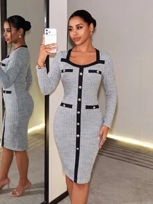 VaVaBold Women's Elegant Button Contrast Color Long Sleeve Dress For Office - Multicolor - View 4