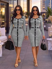 VaVaBold Women's Elegant Button Contrast Color Long Sleeve Dress For Office - Multicolor - View 1