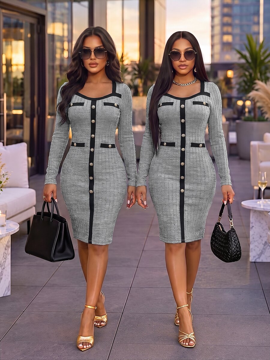 VaVaBold Women's Elegant Button Contrast Color Long Sleeve Dress For Office - Multicolor - View 1