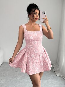 Elenzga 大码女士提花褶皱时尚约会派对连衣裙 - 粉色 - 查看 8