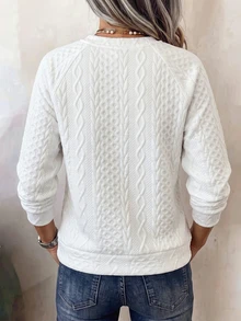 SHEIN LUNE Able Jacquard Notched Neck Sweatshirt Raglan Long Sleeve Ribbed Cuff Hem Casual Loose Women Pullover Top - White - View 2
