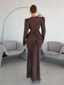 Siren Gaze Fall Winter Brown White Polka Dot Set Lace Trim Button Front Top Peplum Ruffle A-Line Blouse Flare Maxi Skirt Y2k Elegant Work Party Modest Halloween - Brown - View 5