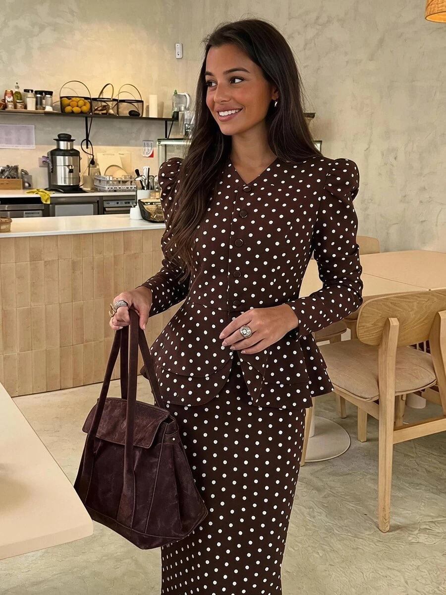 Siren Gaze Fall Winter Brown White Polka Dot Set Lace Trim Button Front Top Peplum Ruffle A-Line Blouse Flare Maxi Skirt Y2k Elegant Work Party Modest Halloween - Brown - View 1