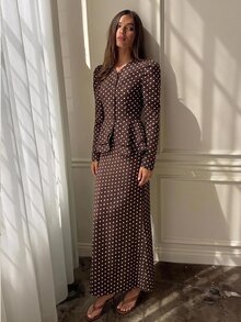 Siren Gaze Fall Winter Brown White Polka Dot Set Lace Trim Button Front Top Peplum Ruffle A-Line Blouse Flare Maxi Skirt Y2k Elegant Work Party Modest Halloween - Brown - View 14