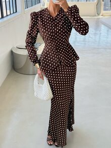 Siren Gaze Fall Winter Brown White Polka Dot Set Lace Trim Button Front Top Peplum Ruffle A-Line Blouse Flare Maxi Skirt Y2k Elegant Work Party Modest Halloween - Brown - View 6