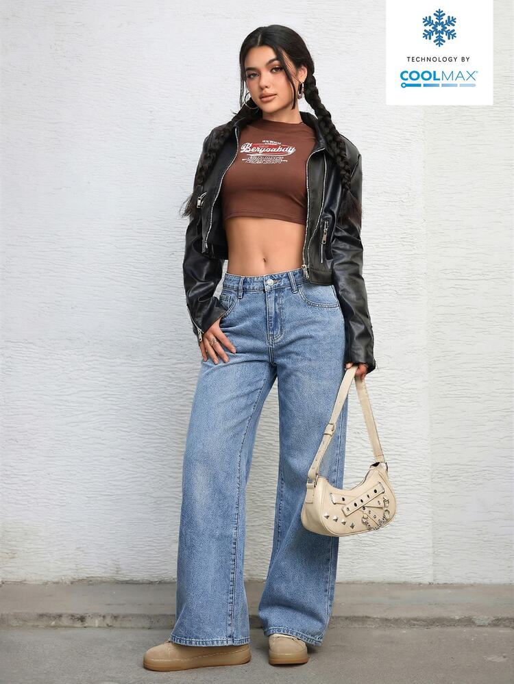 SHEIN ICON Jeans de pierna ancha sueltos versátiles para mujer, estilo casual urbano para uso diario y desplazamientos, color azul claro, otoño - Lavado ligero - Añade 6