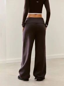 GLOWMODE Cozy Street Collection Everyday Fleece Off-Duty Glow Foldover Wide-Leg Sweatpants With Rivet-Detail Pockets Daily Casual Fall Winter Wear - Dark Truffle - View 5