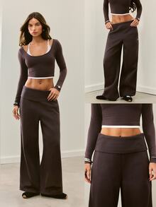 GLOWMODE Cozy Street Collection Everyday Fleece Off-Duty Glow Foldover Wide-Leg Sweatpants With Rivet-Detail Pockets Daily Casual Fall Winter Wear - Dark Truffle - View 8