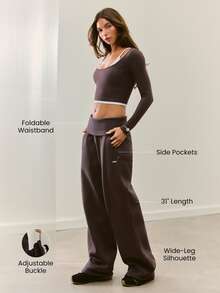 GLOWMODE Cozy Street Collection Everyday Fleece Off-Duty Glow Foldover Wide-Leg Sweatpants With Rivet-Detail Pockets Daily Casual Fall Winter Wear - Dark Truffle - View 2