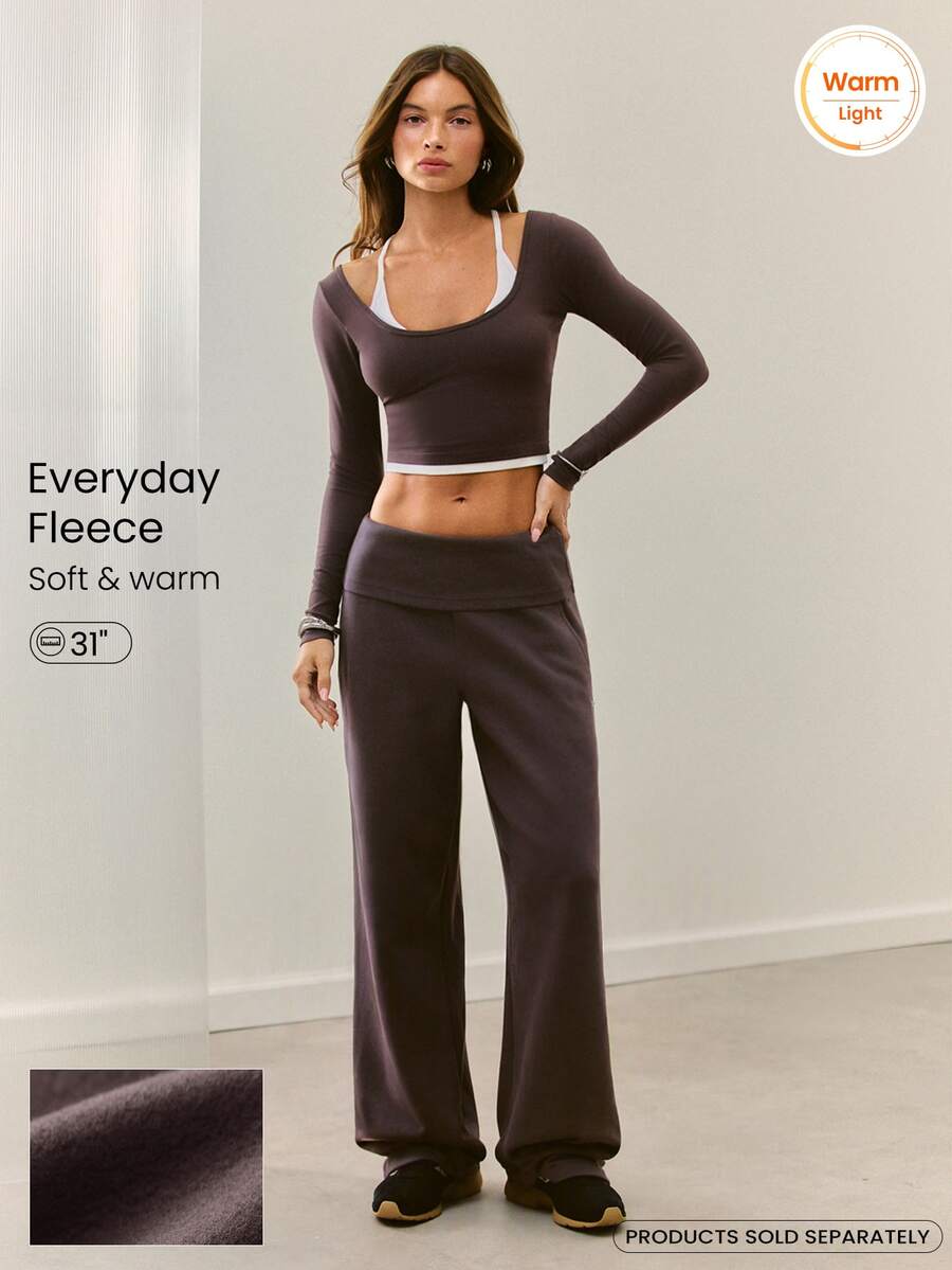GLOWMODE Cozy Street Collection Everyday Fleece Off-Duty Glow Foldover Wide-Leg Sweatpants With Rivet-Detail Pockets Daily Casual Fall Winter Wear - Dark Truffle - View 1