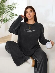 Solflare 大尺碼女款字母印花長袖上衣與長褲休閒工裝日常套裝，居家與外出穿著，灰色、黑色，秋冬款 - 黑色 - 查看 6