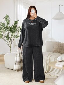 Solflare 大尺碼女款字母印花長袖上衣與長褲休閒工裝日常套裝，居家與外出穿著，灰色、黑色，秋冬款 - 黑色 - 查看 4