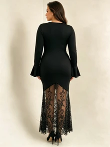 Elegantrix Plus Size Women's Autumn/Winter Bell Sleeve Lace Patchwork Elegant Party Dress Fall - Black - View 5